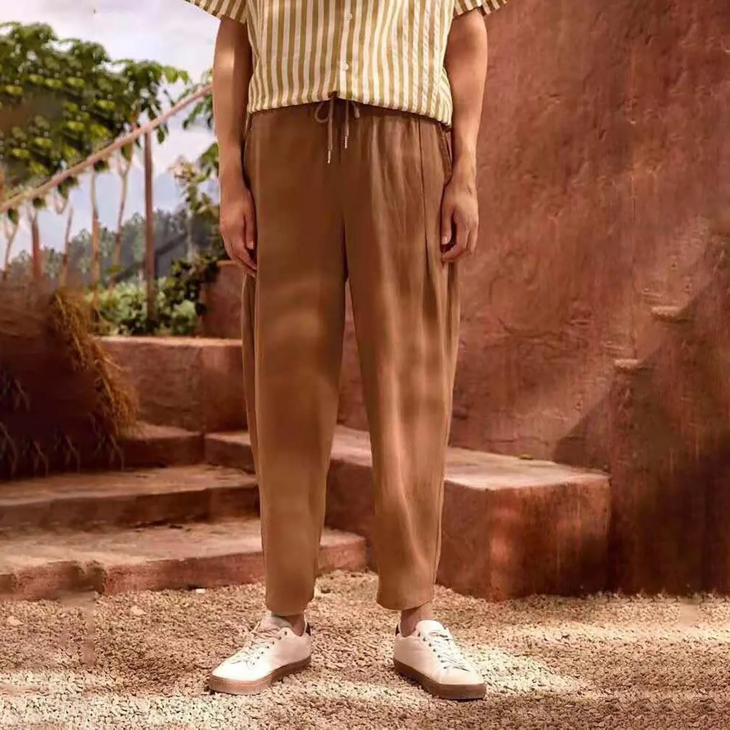 Men Linen Pants Casual Elastic Waist Trousers Summer Beach Vacation Lightweight Pants Drawstring Slacks with Pocket