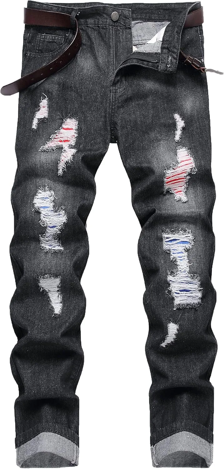 Men Ripped Jeans, Slim Fit Straight Leg, Denim Pants with Holes