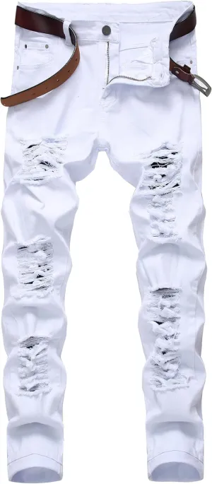Men Ripped Jeans, Slim Fit Straight Leg, Denim Pants with Holes