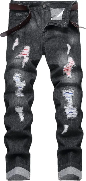 Men Ripped Jeans, Slim Fit Straight Leg, Denim Pants with Holes