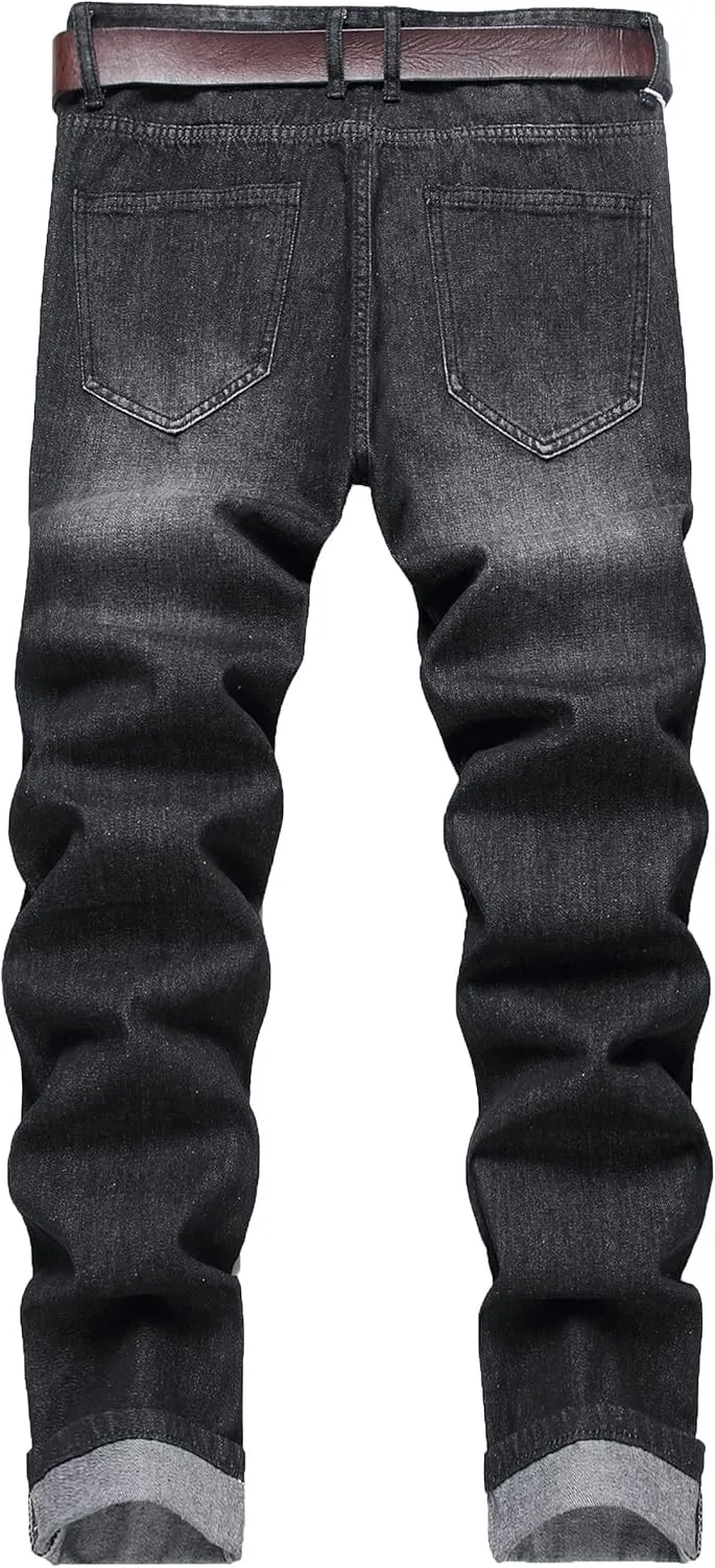 Men Ripped Jeans, Slim Fit Straight Leg, Denim Pants with Holes
