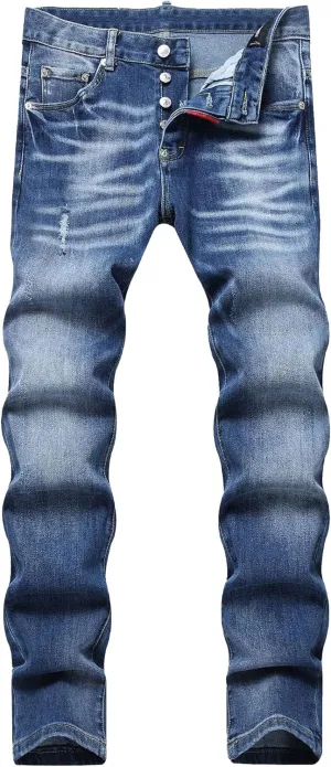 Men's Button Skinny Slim Fit Denim Pants Comfort Flex Waist Denim Jeans Vintage Casual Trousers