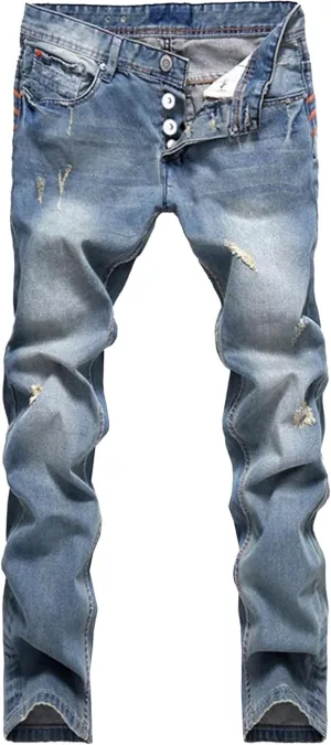 Men's Button Skinny Slim Fit Denim Pants Comfort Flex Waist Denim Jeans Vintage Casual Trousers
