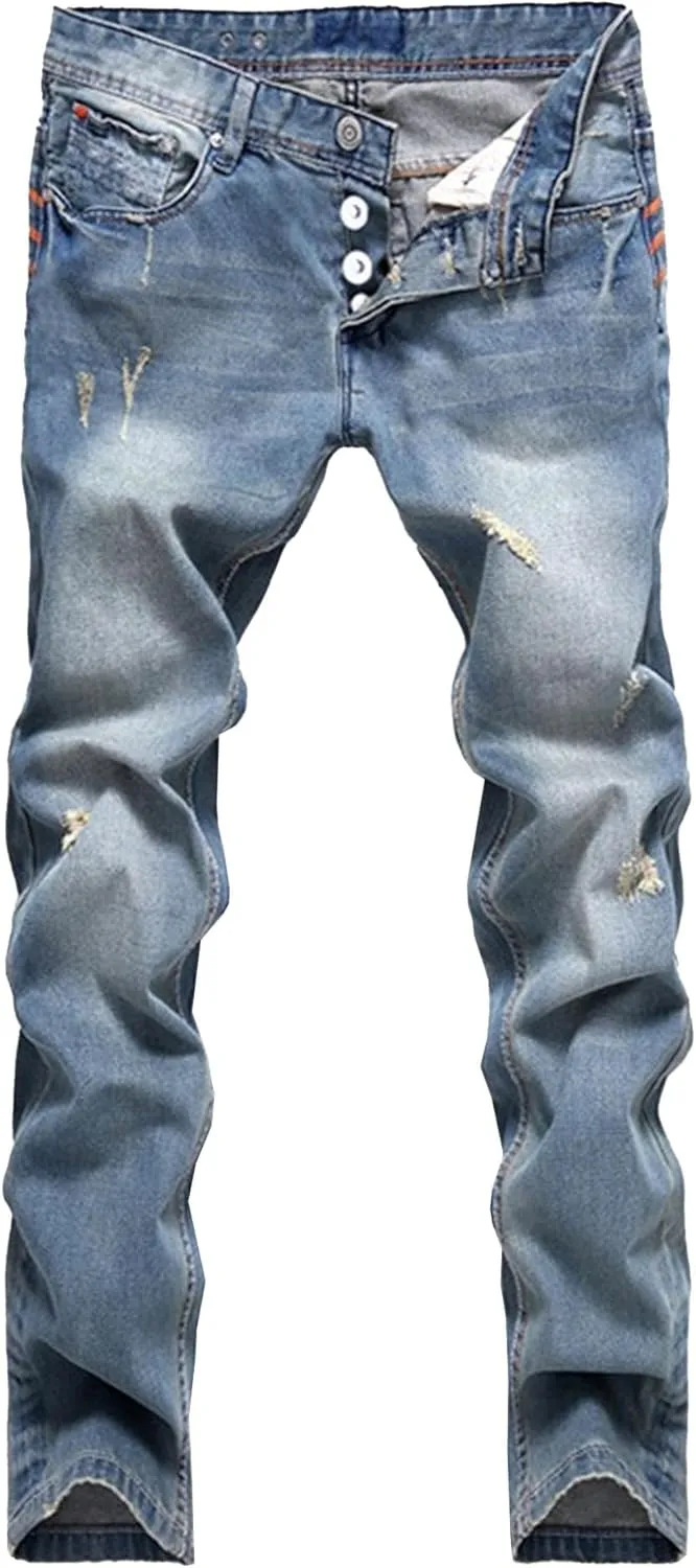 Men's Button Skinny Slim Fit Denim Pants Comfort Flex Waist Denim Jeans Vintage Casual Trousers