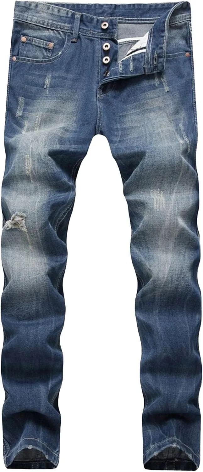 Men's Button Skinny Slim Fit Denim Pants Comfort Flex Waist Denim Jeans Vintage Casual Trousers