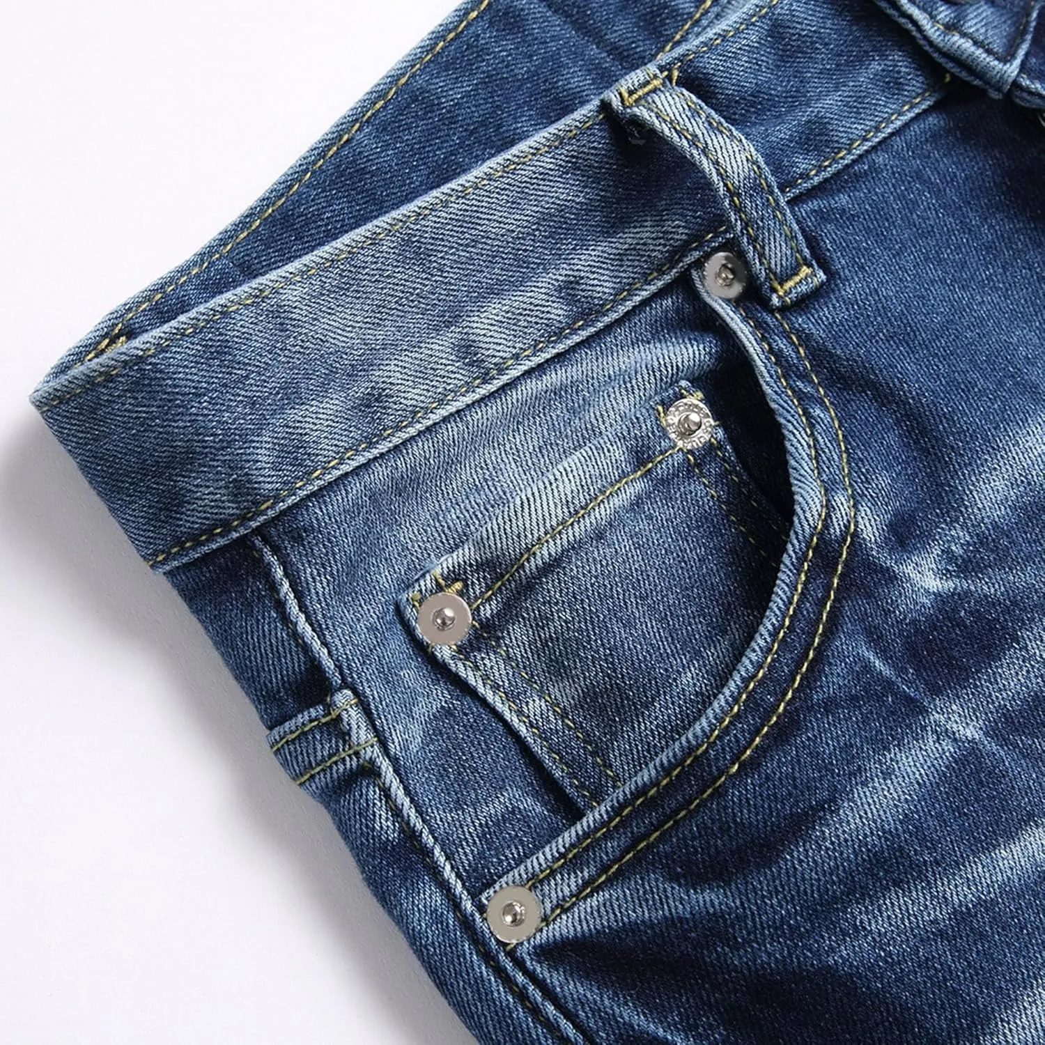 Men's Button Skinny Slim Fit Denim Pants Comfort Flex Waist Denim Jeans Vintage Casual Trousers