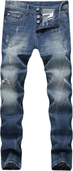 Men's Button Skinny Slim Fit Denim Pants Comfort Flex Waist Denim Jeans Vintage Casual Trousers