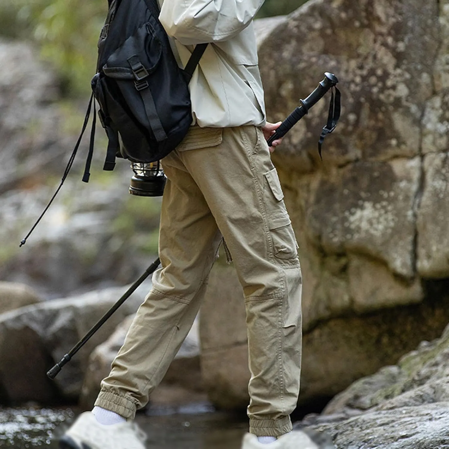 Mens Casual Cargo Pants Slim-Fit Drawstring Outdoor Hiking Pants Multi-Pockets Cotton Comfort Trousers for Travel