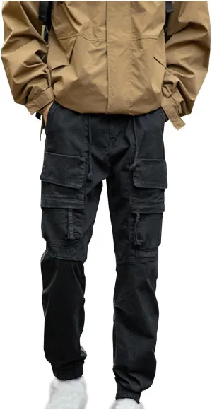Mens Casual Cargo Pants Slim-Fit Drawstring Outdoor Hiking Pants Multi-Pockets Cotton Comfort Trousers for Travel