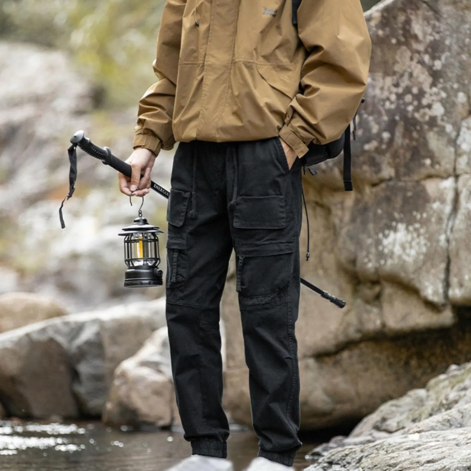 Mens Casual Cargo Pants Slim-Fit Drawstring Outdoor Hiking Pants Multi-Pockets Cotton Comfort Trousers for Travel