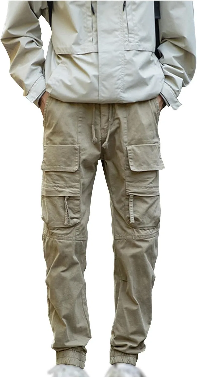 Mens Casual Cargo Pants Slim-Fit Drawstring Outdoor Hiking Pants Multi-Pockets Cotton Comfort Trousers for Travel