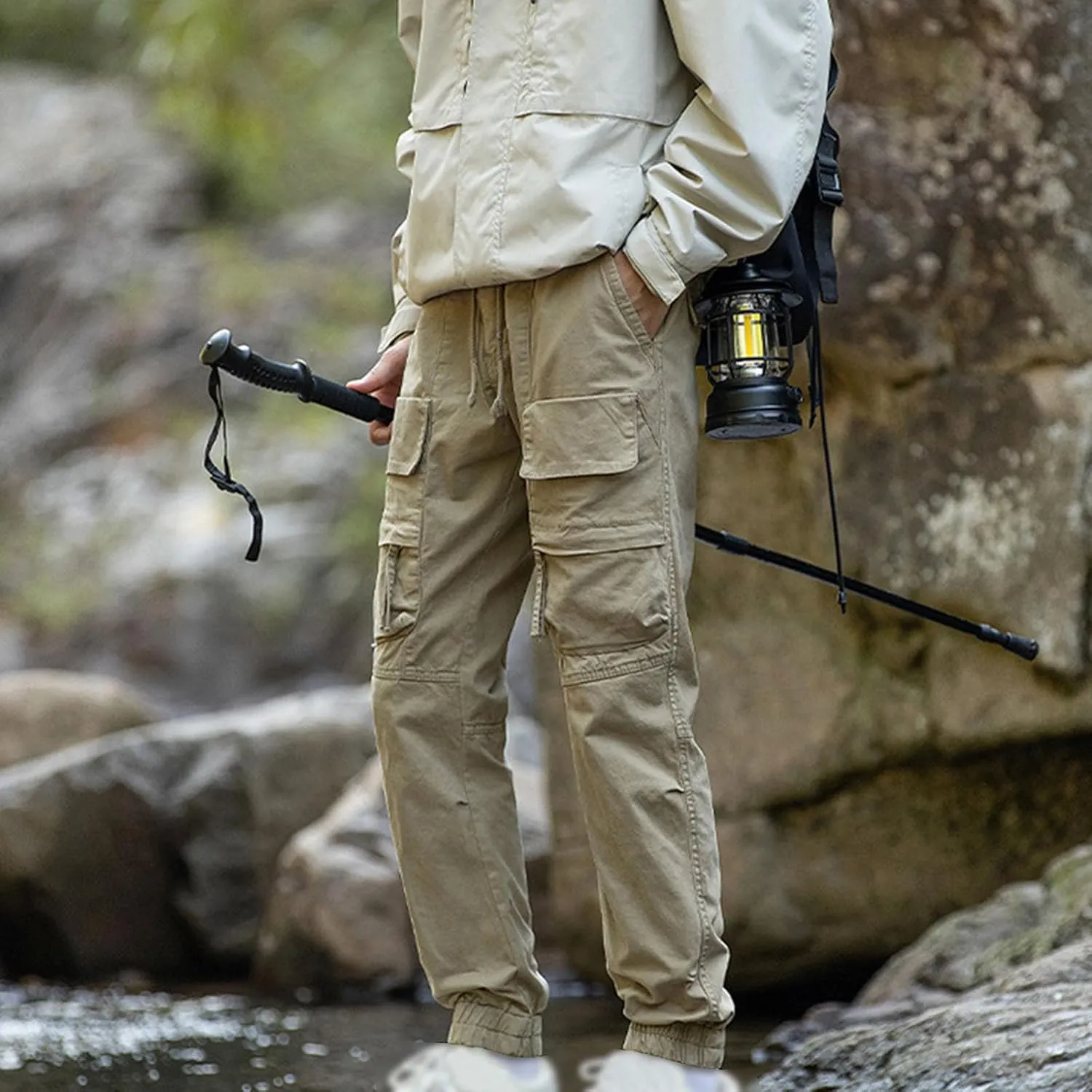 Mens Casual Cargo Pants Slim-Fit Drawstring Outdoor Hiking Pants Multi-Pockets Cotton Comfort Trousers for Travel