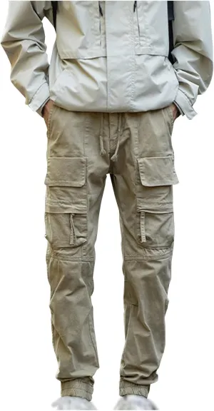 Mens Casual Cargo Pants Slim-Fit Drawstring Outdoor Hiking Pants Multi-Pockets Cotton Comfort Trousers for Travel