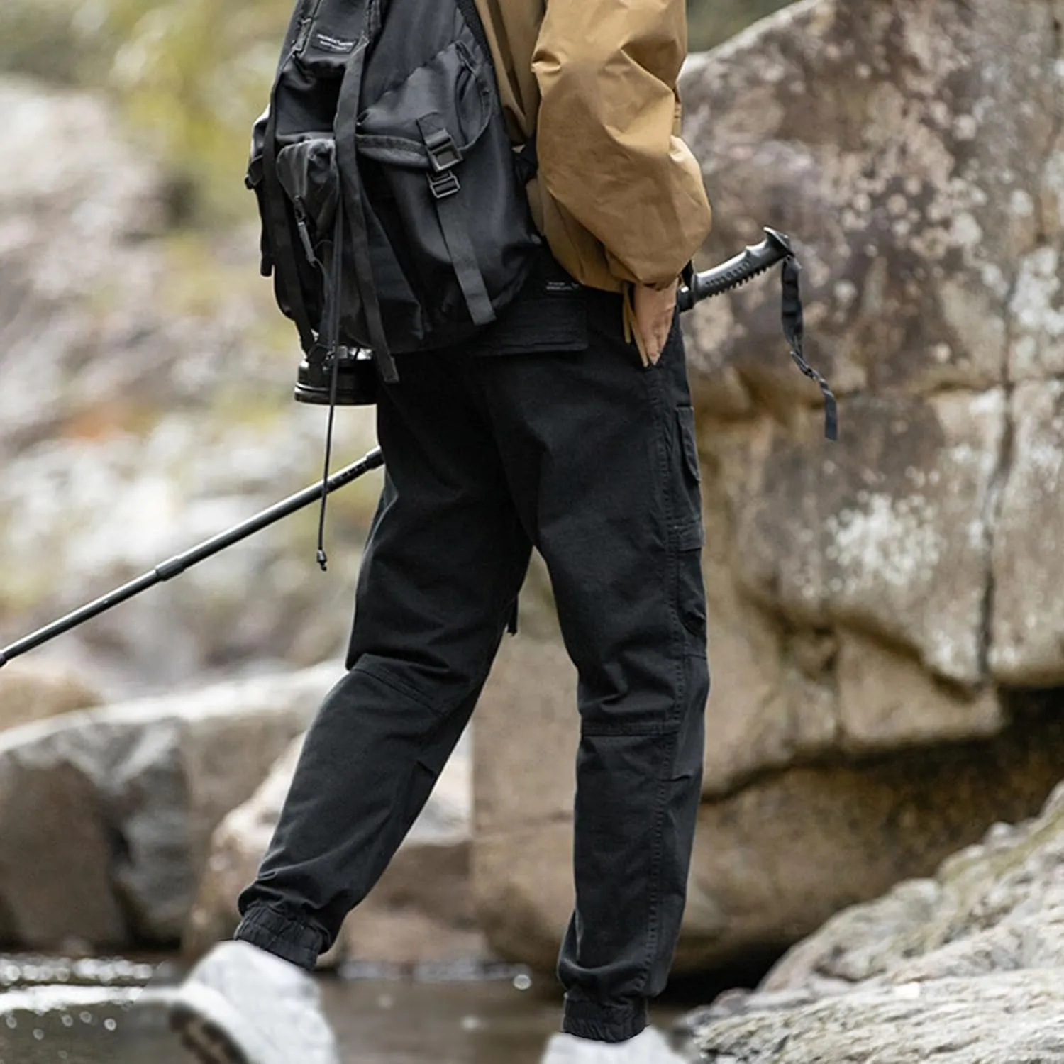 Mens Casual Cargo Pants Slim-Fit Drawstring Outdoor Hiking Pants Multi-Pockets Cotton Comfort Trousers for Travel