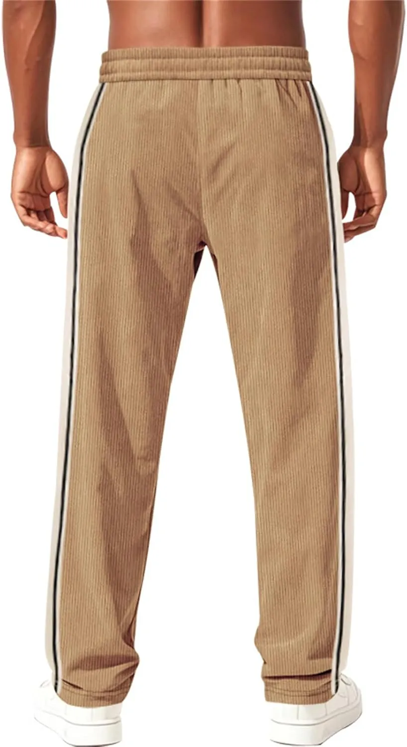 Men's Casual Corduroy Pants Loose Wide Leg Striped Pants Fashion Elastic Waist Drawstring Baggy Sweatpants Slacks