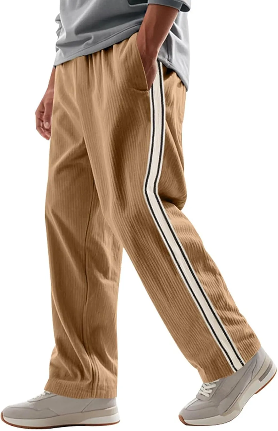 Men's Casual Corduroy Pants Loose Wide Leg Striped Pants Fashion Elastic Waist Drawstring Baggy Sweatpants Slacks