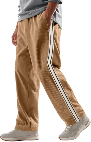 Men's Casual Corduroy Pants Loose Wide Leg Striped Pants Fashion Elastic Waist Drawstring Baggy Sweatpants Slacks