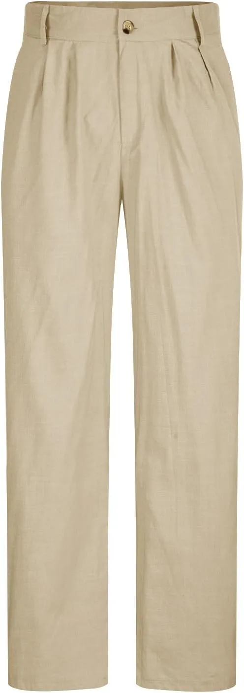 Mens Casual Linen Pants Loose Fit Elastic Drawstring Waist Straight-Legs Summer Yoga Beach Long Pants Trousers