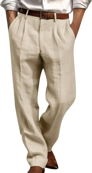 Mens Casual Linen Pants Loose Fit Elastic Drawstring Waist Straight-Legs Summer Yoga Beach Long Pants Trousers