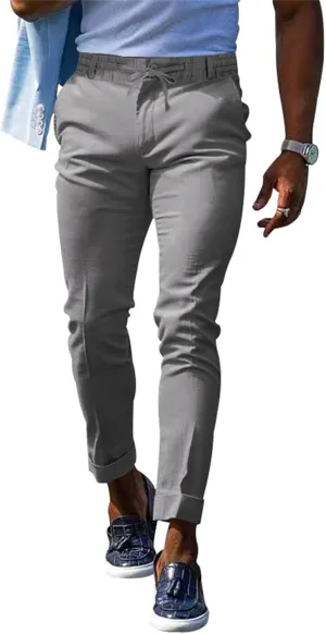Mens Chinos Slim Fit Pants Flat Front Stretch Skinny Tapered Dress Pants Golf Pants Drawstring Comfort Casual Slacks