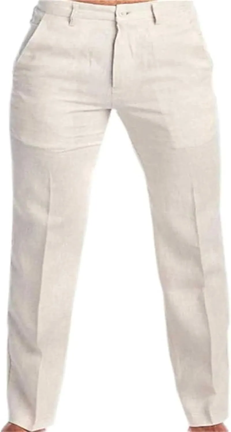 Men's Cotton Linen Pants Washed Comfort Stretch Chino Pant Slim Fit Slacks Summer Beach Lightweight Pants for Men