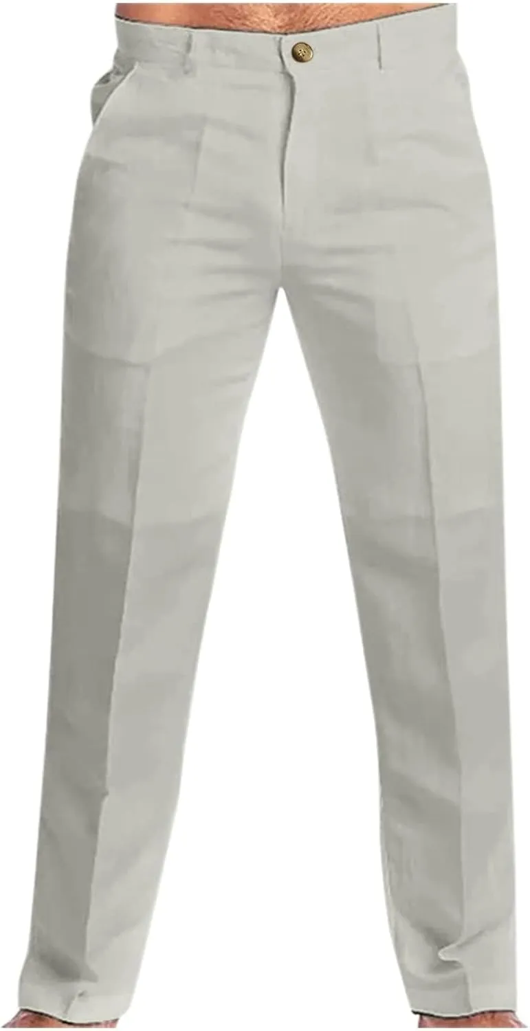 Men's Cotton Linen Pants Washed Comfort Stretch Chino Pant Slim Fit Slacks Summer Beach Lightweight Pants for Men