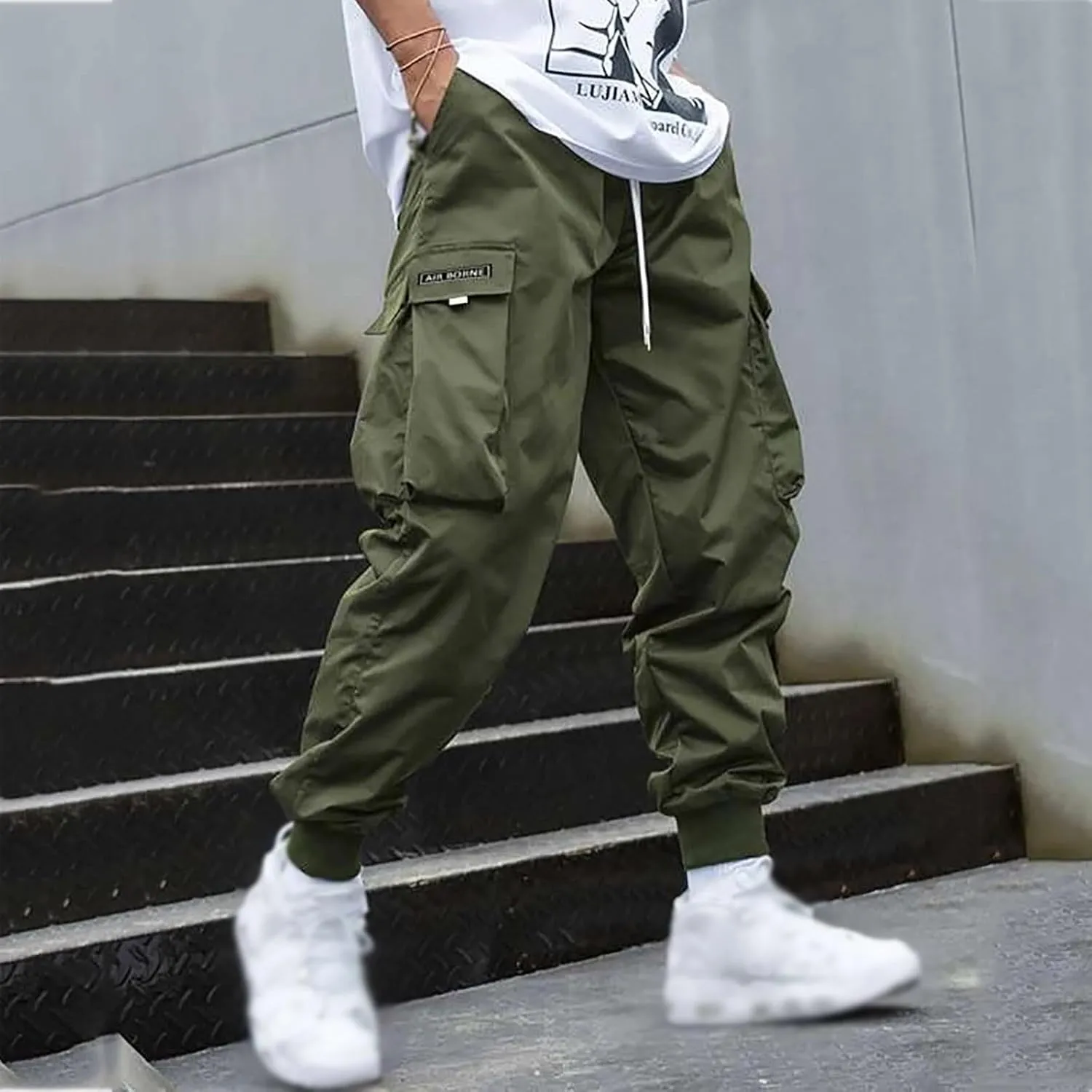 Men's Fashion Joggers Cargo Pants Drawstring Waist Work Sports Pants Baggers Hiking Trousers with Pockets