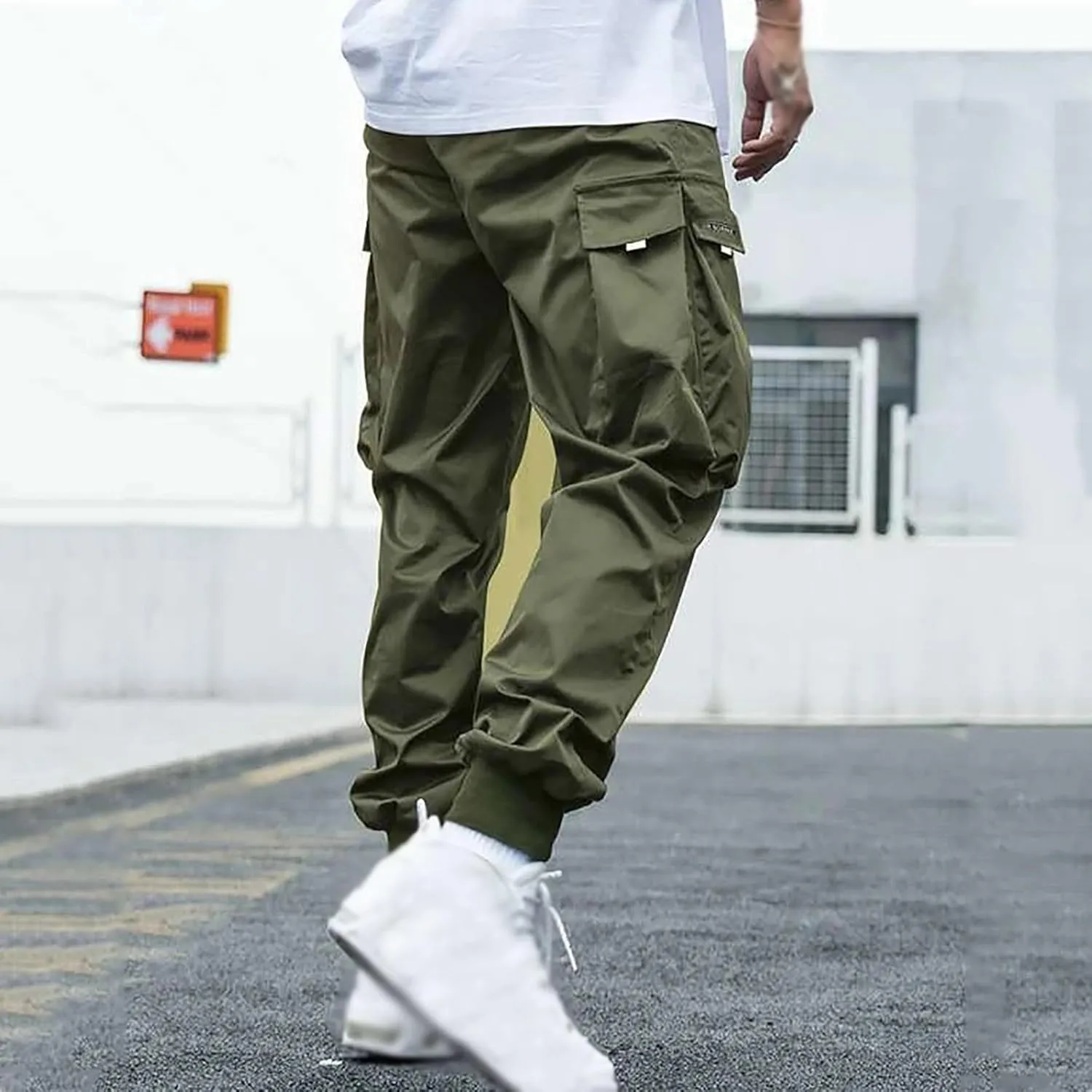 Men's Fashion Joggers Cargo Pants Drawstring Waist Work Sports Pants Baggers Hiking Trousers with Pockets