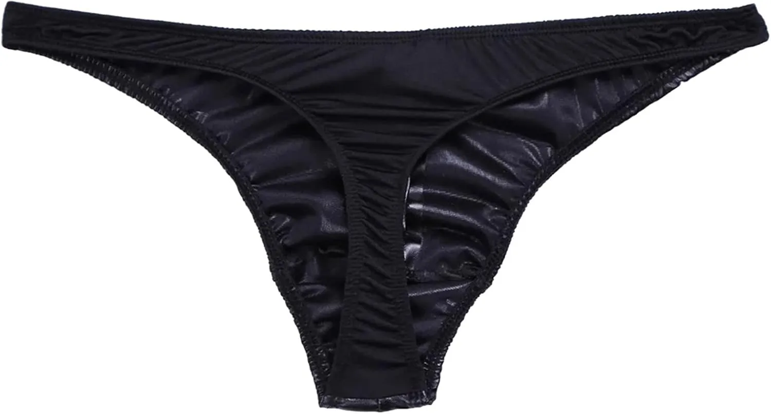 Mens Faux Leather Underwear Sexy Botton Open Front Lingerie Brief Low Rise Solid Color T Back Soft Panties Bikini