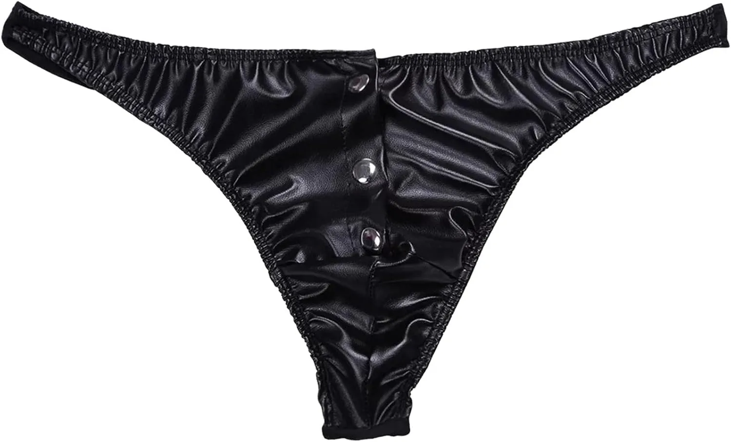 Mens Faux Leather Underwear Sexy Botton Open Front Lingerie Brief Low Rise Solid Color T Back Soft Panties Bikini
