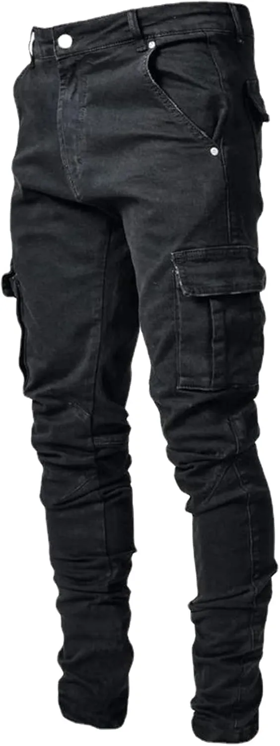 Men's Fleece Cargo Sweatpants Middle Waist Denim Long Hiking Pants Athletic Workout Jogger Sweatpants for Men
