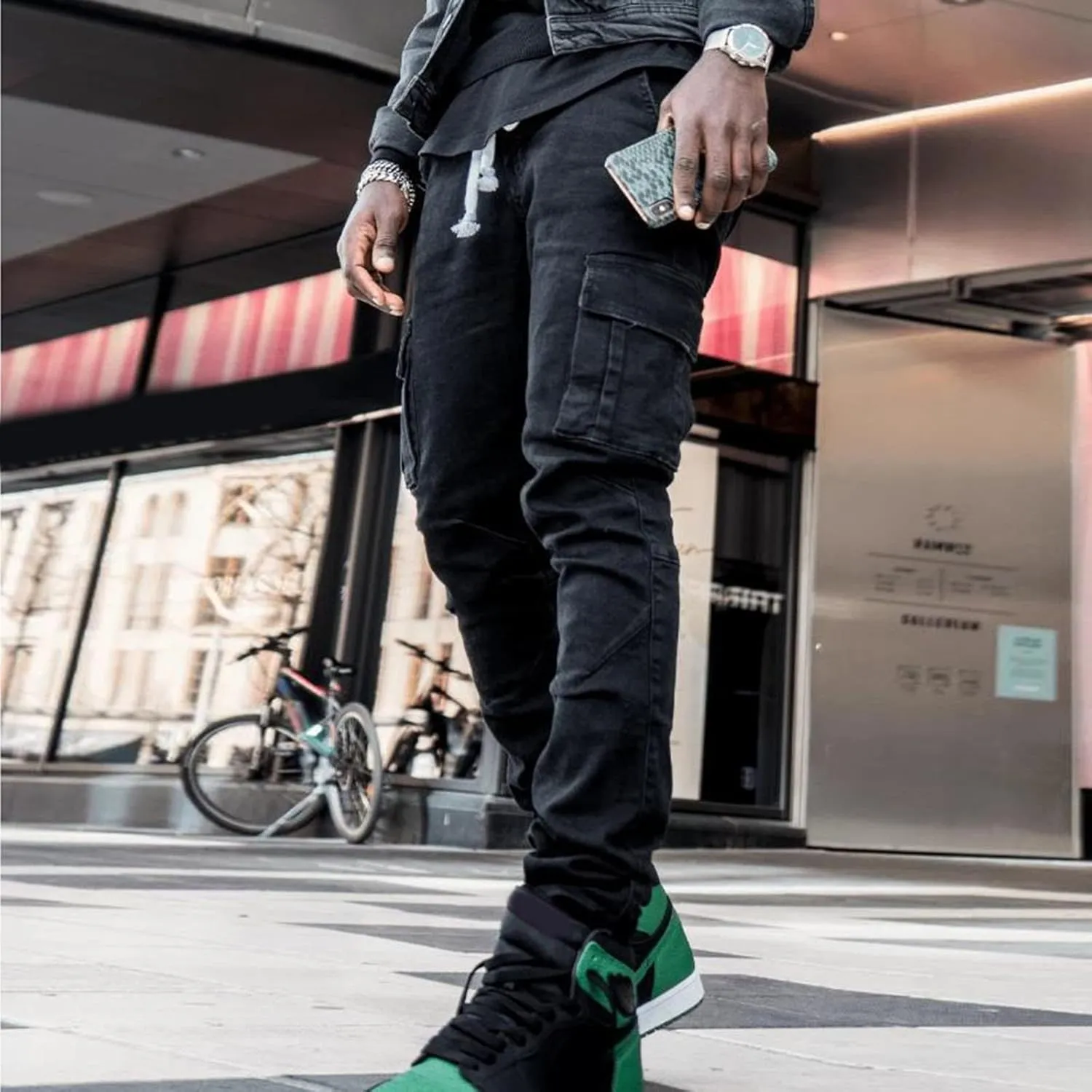 Men's Fleece Cargo Sweatpants Middle Waist Denim Long Hiking Pants Athletic Workout Jogger Sweatpants for Men