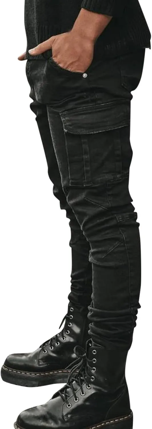 Men's Fleece Cargo Sweatpants Middle Waist Denim Long Hiking Pants Athletic Workout Jogger Sweatpants for Men