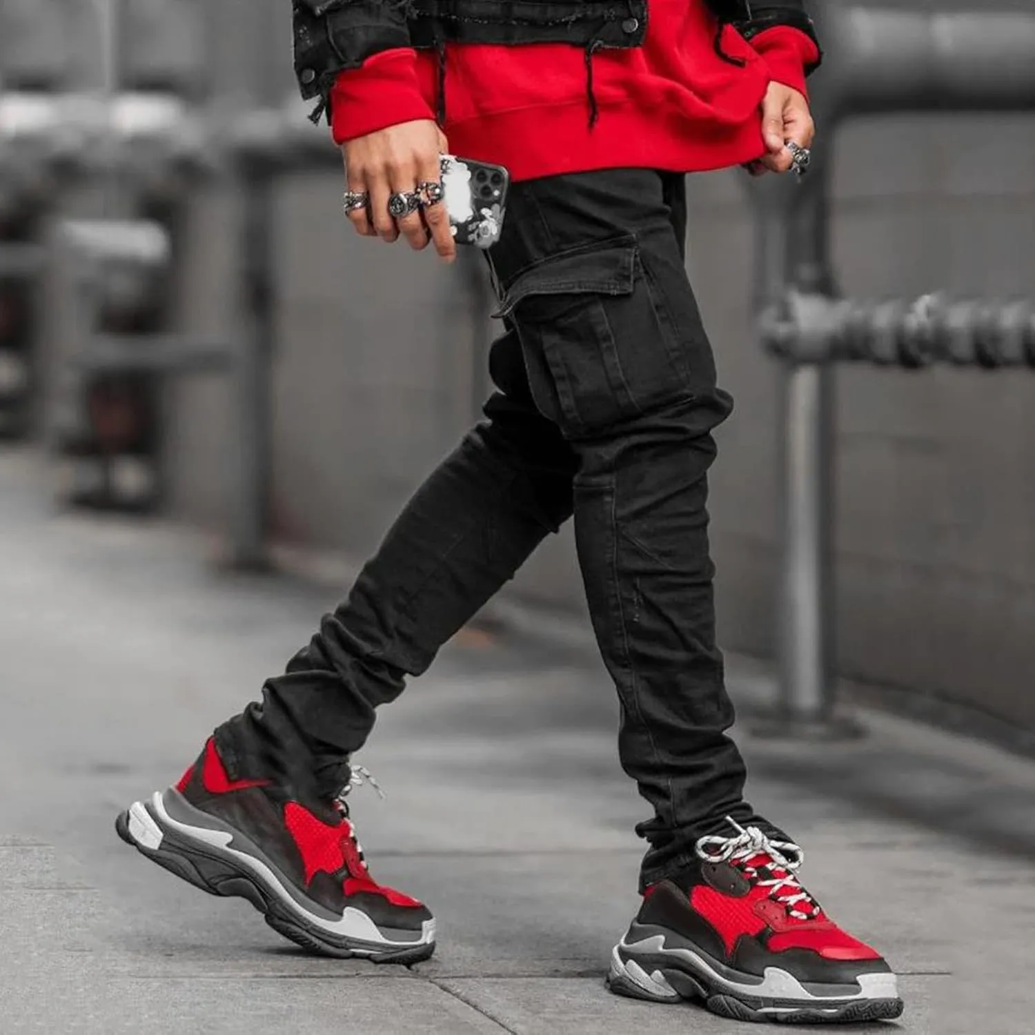 Men's Fleece Cargo Sweatpants Middle Waist Denim Long Hiking Pants Athletic Workout Jogger Sweatpants for Men