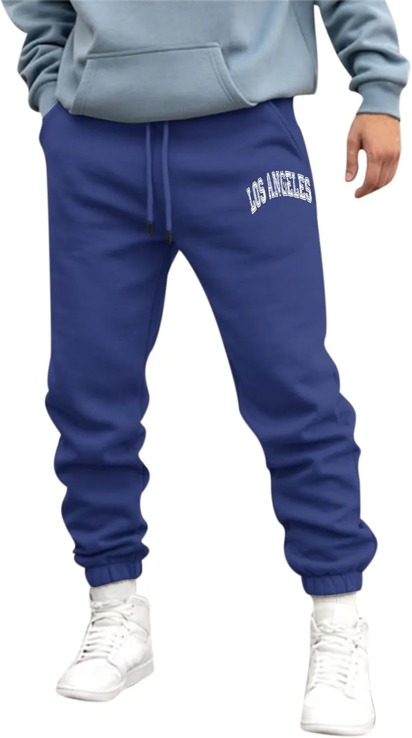 Mens Fleece Lined Graphic Pants Slim Fit Drawstring High Waisted Elastic Sweatpants Casual Training Trousers