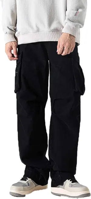 Mens Heavyweight Fleece Cargo Sweatpants Baggy Loose Fit Elastic Waist Athletic Jogger Sweatpants with Multi-Pockets