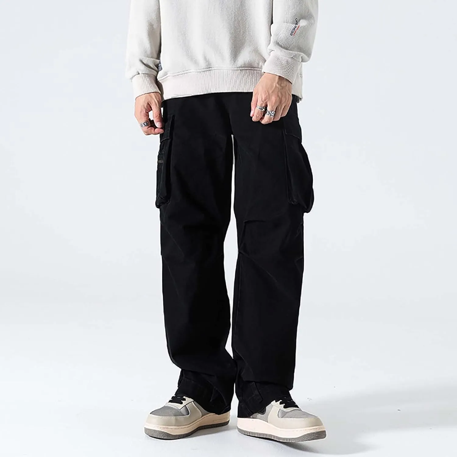 Mens Heavyweight Fleece Cargo Sweatpants Baggy Loose Fit Elastic Waist Athletic Jogger Sweatpants with Multi-Pockets