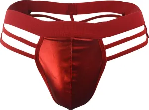 Mens Imitation Leather Underwear Brief Sexy Low Rise G String T Back Bulge Pouch Bikini Sport Supporter Stretch Tong (Red,Medium)