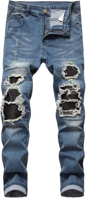 Men's Jean Ripped Slim Fit Straight Leg Denim Pants Stretch Skinny Distressed Comfort Fashion Biker Denim Pants Jeans