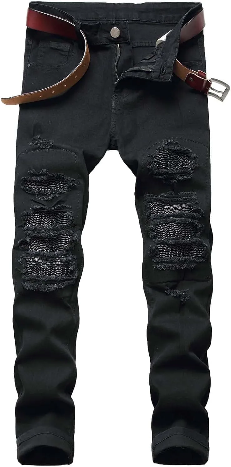 Men's Jean Ripped Slim Fit Straight Leg Denim Pants Stretch Skinny Distressed Comfort Fashion Biker Denim Pants Jeans