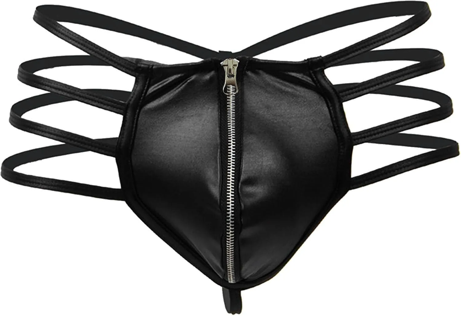 Men's Jockstrap Underwear Faux Leather Zipper Thong Underwear G-String with Pouch Butt-Flaunting Gym Low Rise Brief Black