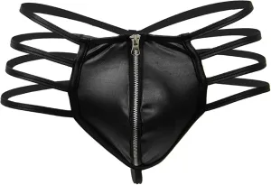 Men's Jockstrap Underwear Faux Leather Zipper Thong Underwear G-String with Pouch Butt-Flaunting Gym Low Rise Brief Black