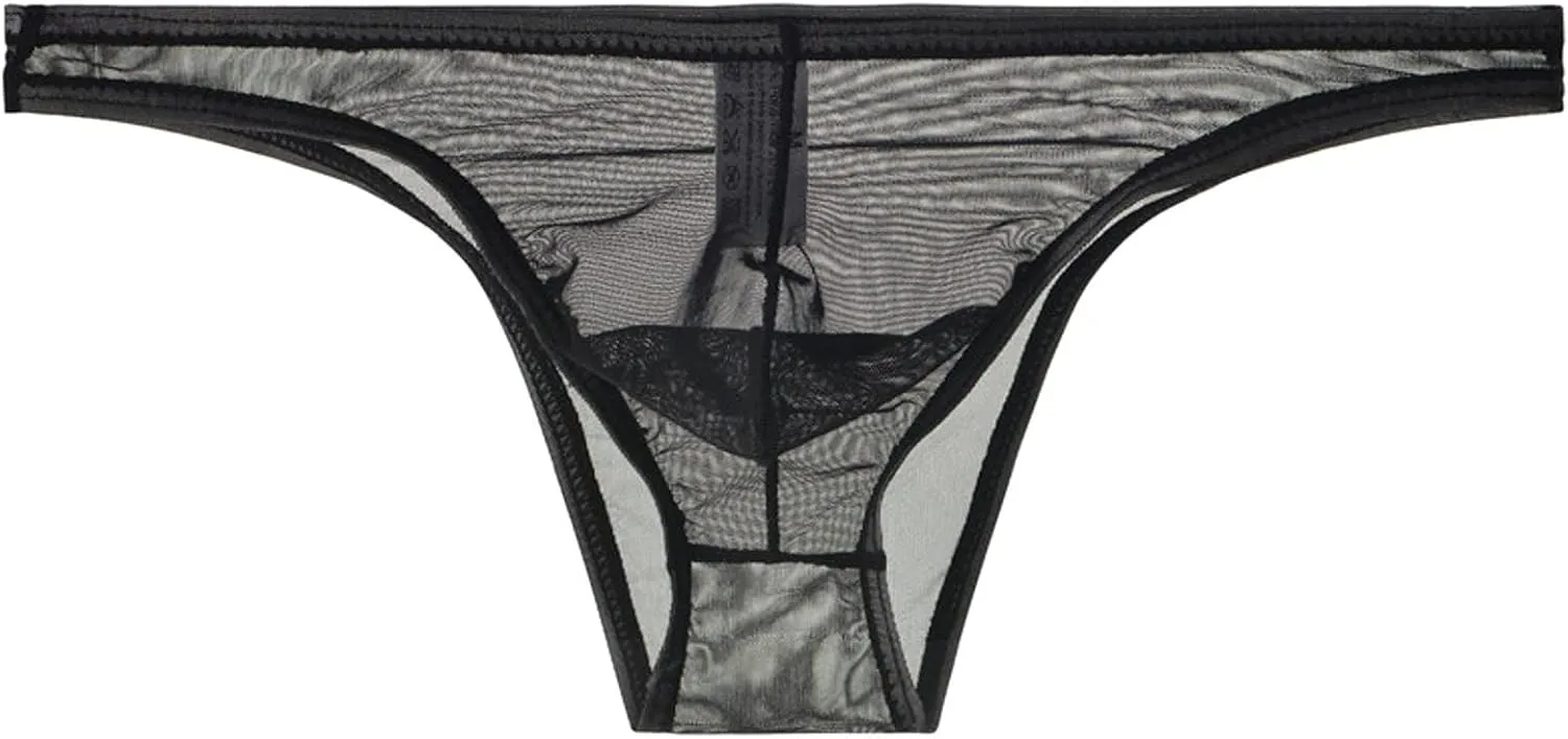 Men's Lace Frilly Thong Panties Sheer Mesh Boxer Briefs Semi Sheer T-back G-string Underwear Lingerie for Men Black