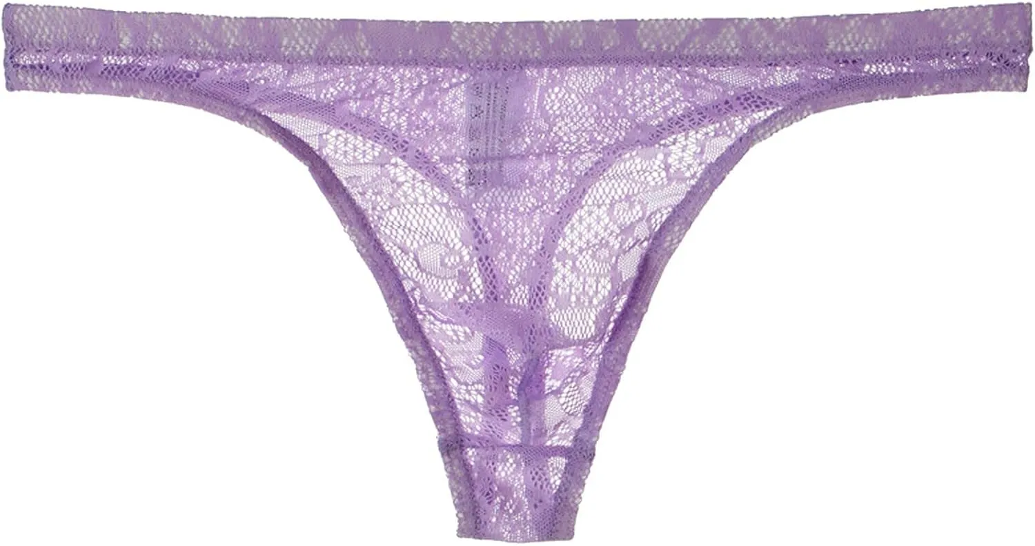 Men's Lace Frilly Thong Panties Sheer Mesh Boxer Briefs Semi Sheer T-back G-string Underwear Lingerie for Men Purple