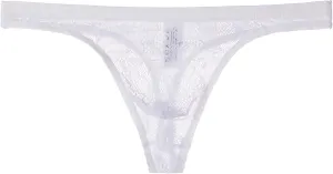 Men's Lace Frilly Thong Panties Sheer Mesh Boxer Briefs Semi Sheer T-back G-string Underwear Lingerie for Men White