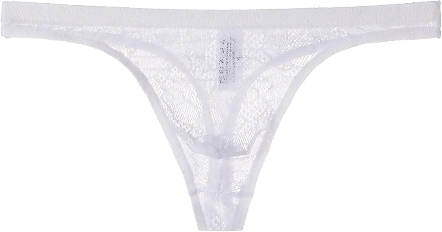 Men's Lace Frilly Thong Panties Sheer Mesh Boxer Briefs Semi Sheer T-back G-string Underwear Lingerie for Men White
