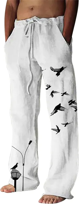 Mens Linen Pants Summer Casual Beach Yoga Pants Elastic Wasist Drawstring Lightweight Loose Trousers with Pockets Black Chino