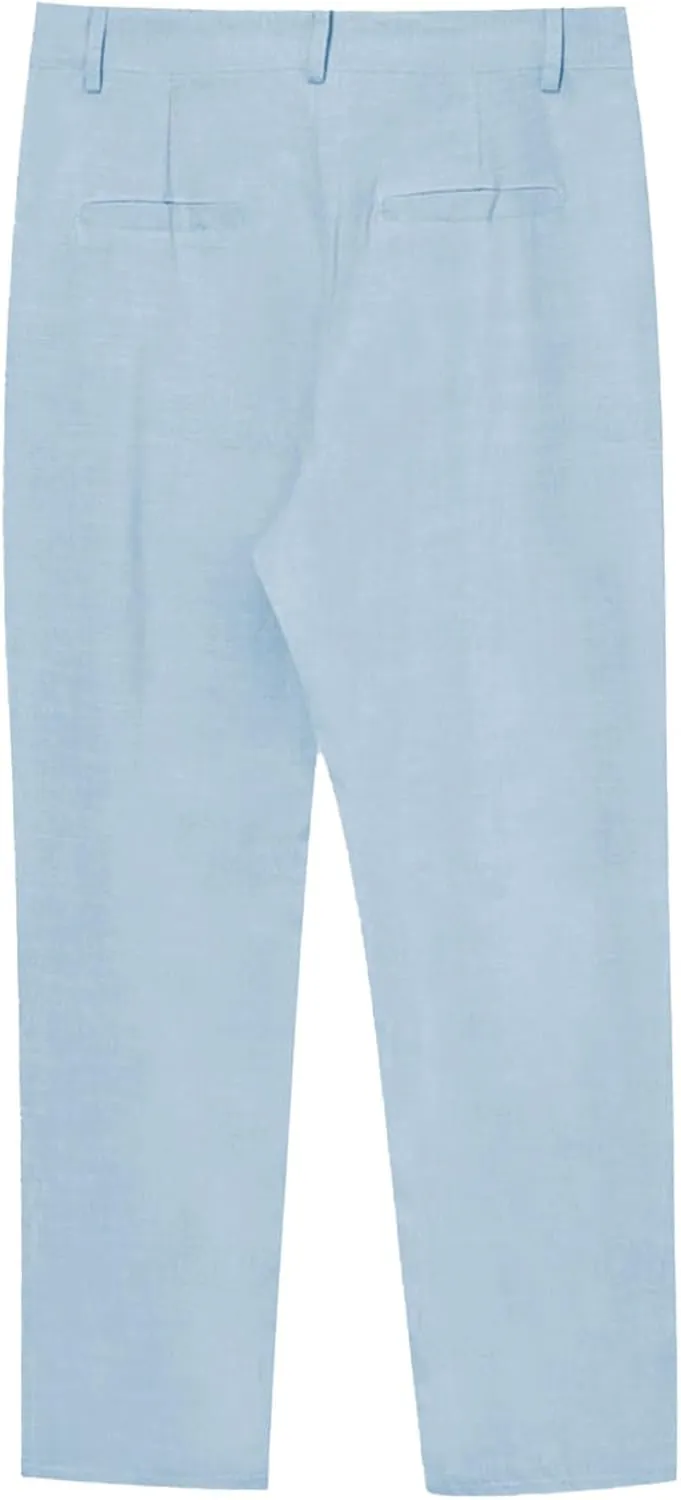 Men's Linen Trousers Lightweight Drawstring Breathable Pants Solid Color Casual Pant Summer Beach Shorts with Pockets