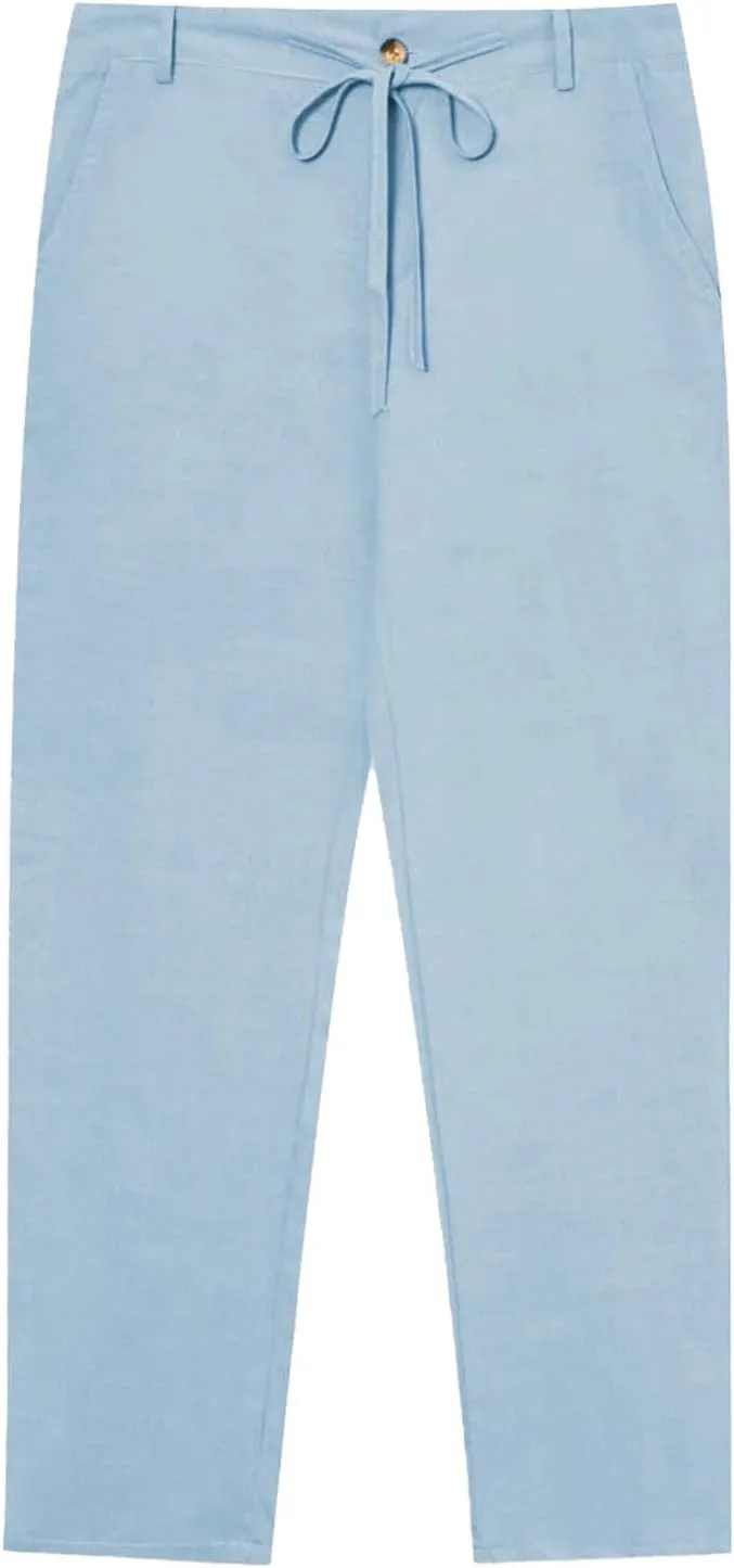 Men's Linen Trousers Lightweight Drawstring Breathable Pants Solid Color Casual Pant Summer Beach Shorts with Pockets