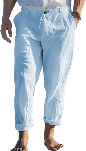 Men's Linen Trousers Lightweight Drawstring Breathable Pants Solid Color Casual Pant Summer Beach Shorts with Pockets